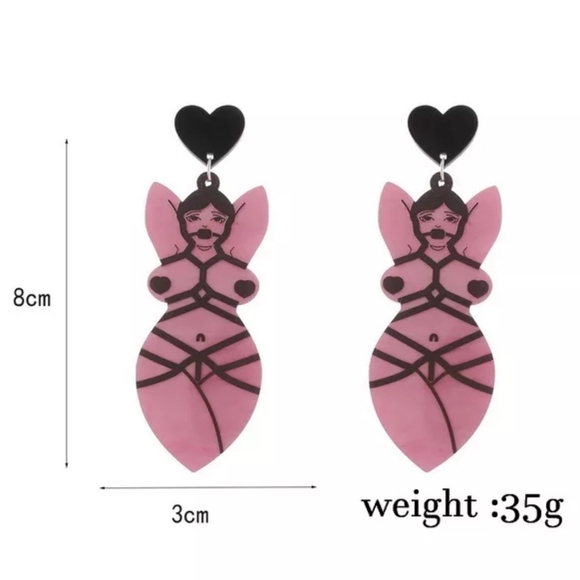 Shibari bdsm "Tie me up" black heart curvy girl earrings - Picture 5 of 6